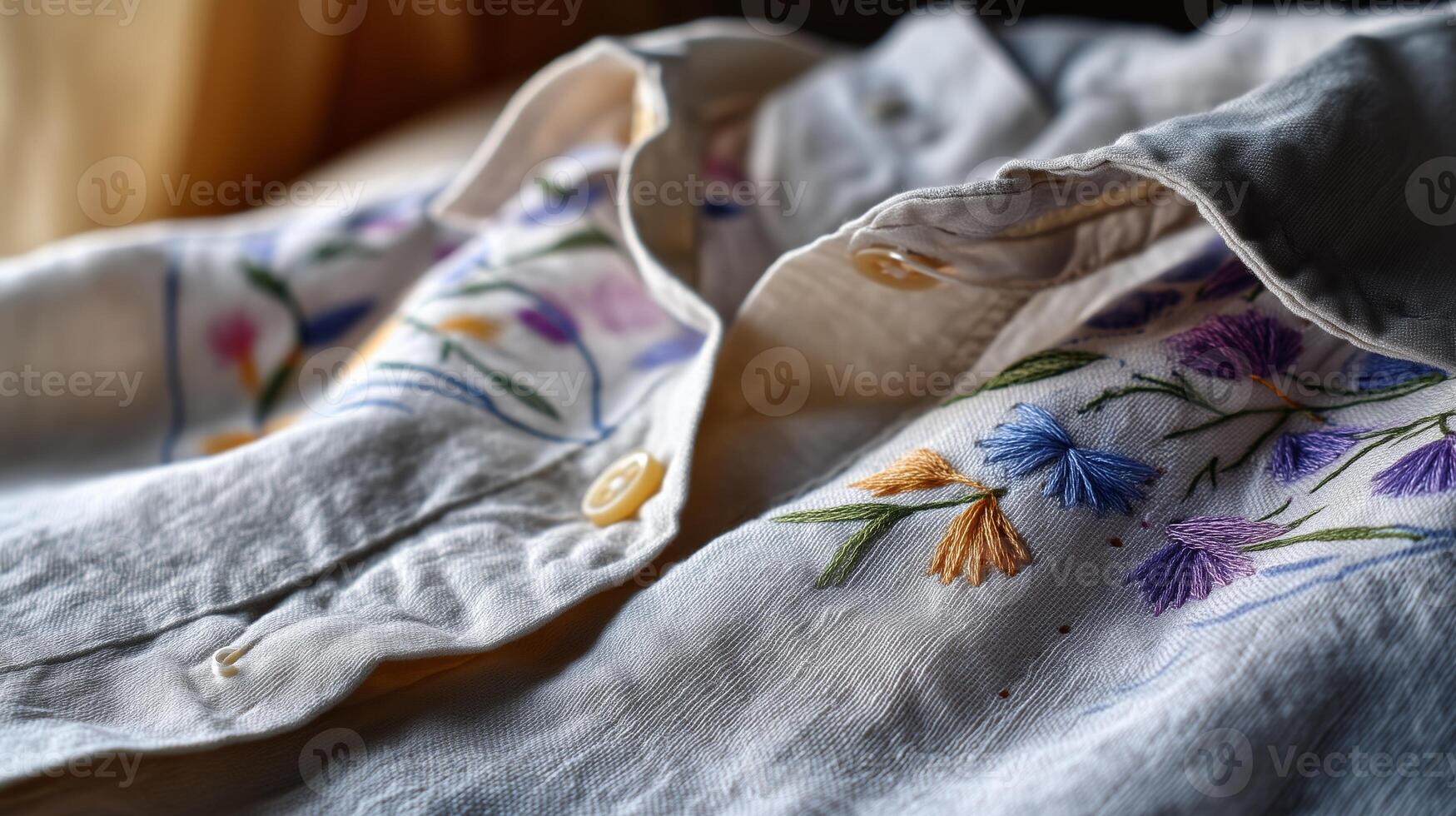 Beautifully embroidered shirt showcasing intricate floral designs with vibrant colors on a soft fabric during daylight photo