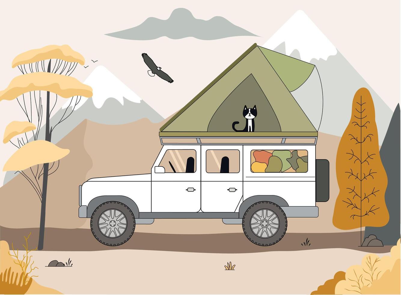 Cartoon off-road overland vehicle with rooftop tent and a black cat, set against mountain landscape with trees and an eagle flying in the sky vector