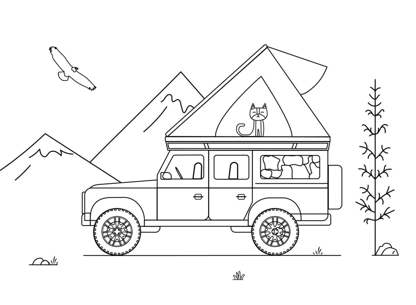 Line art of an off-road overland vehicle with rooftop tent and a cat inside, drawn in minimalistic cartoon style on white background vector
