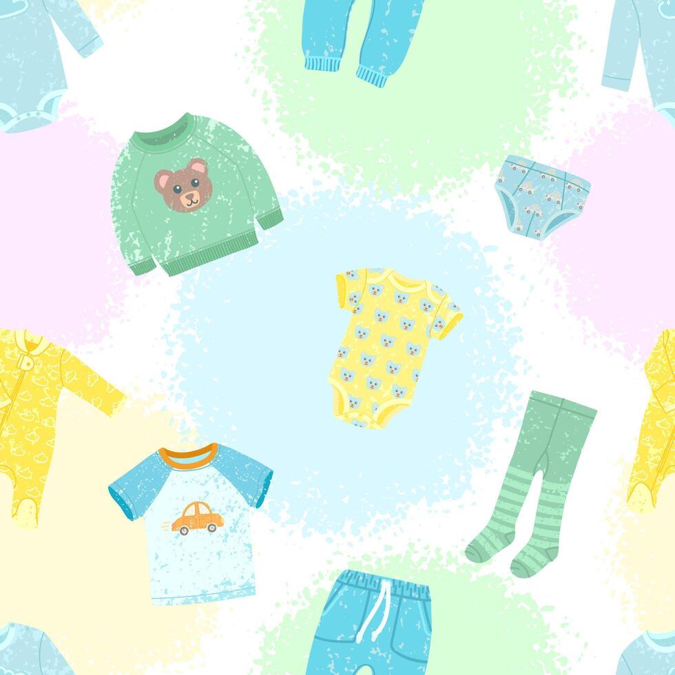Kids Toys Seamless PatternColorful Textured Background with Kids Clothes vector