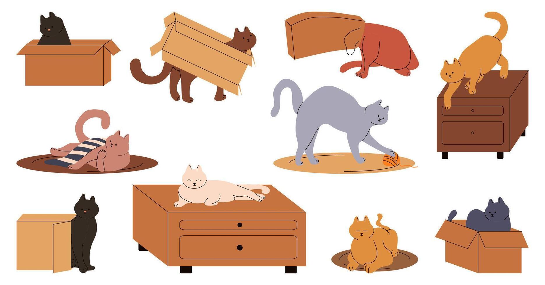Flat Cartoon Cat With Stuff vector