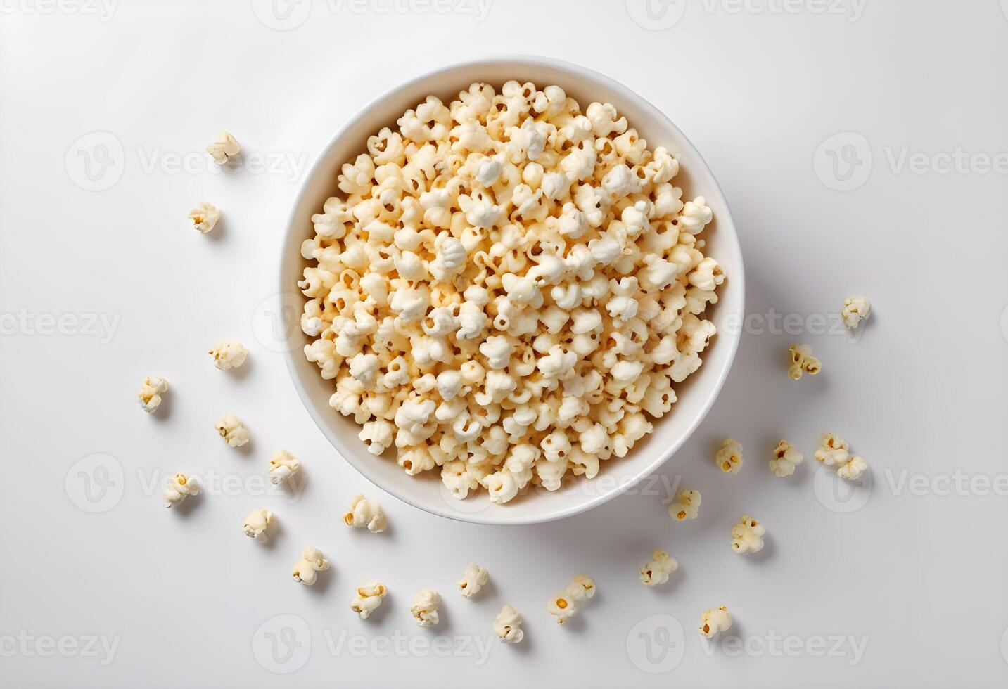 Overhead shot of a white bowl filled with popcorn photo