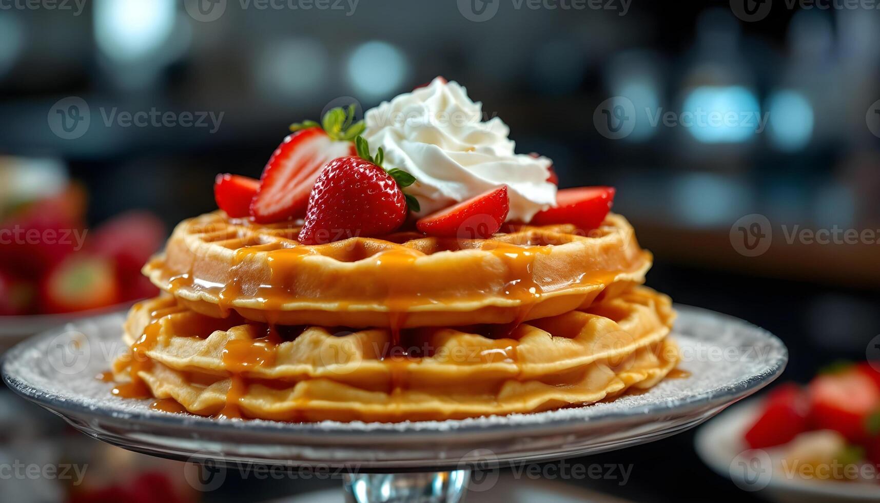 A waffle with strawberries and whipped cream on top photo