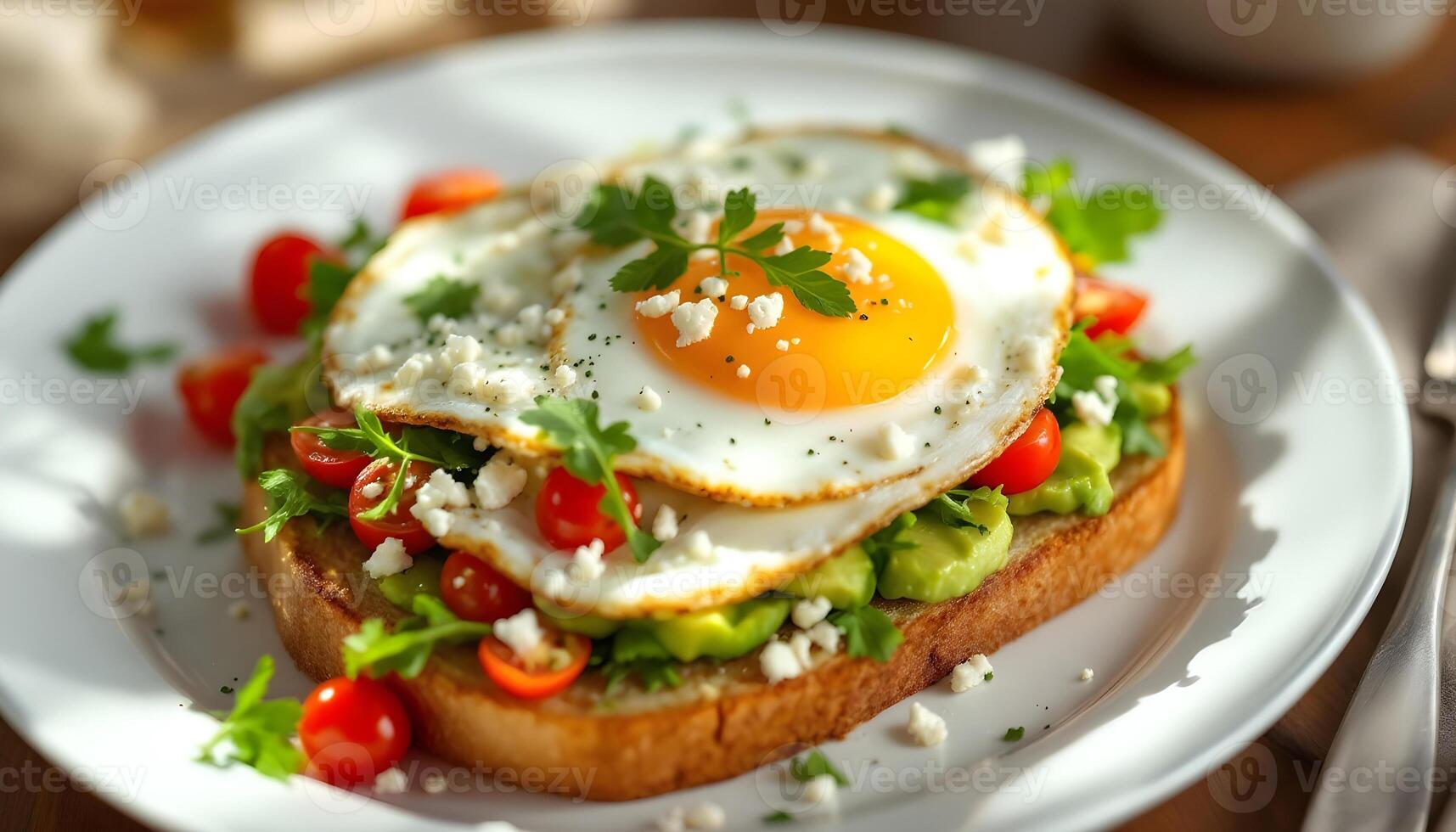 An egg on top of an avocado and tomato sandwich photo