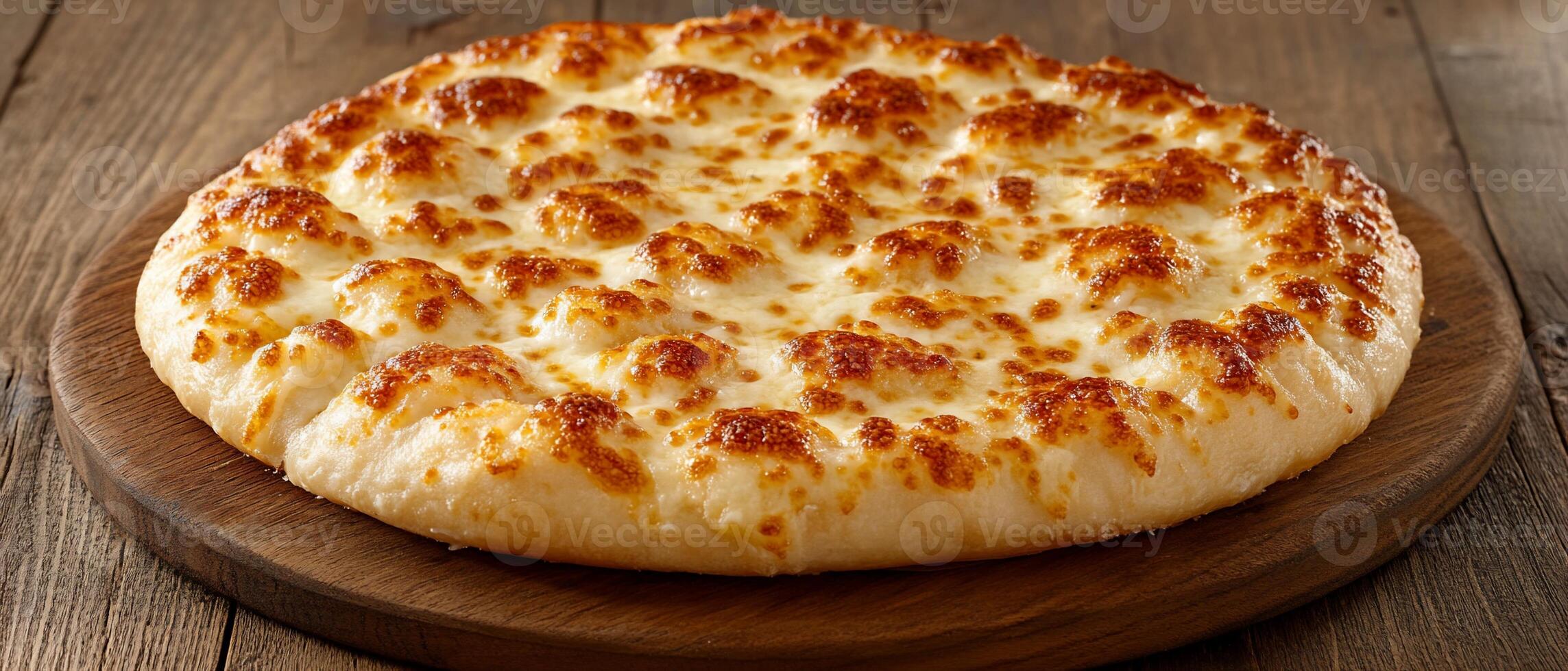 Cheesy flatbread on wooden board, rustic setting photo