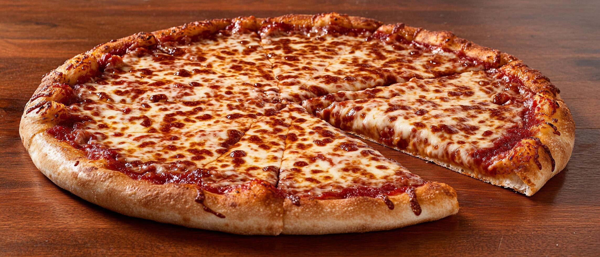 Cheese pizza sliced on wood table photo