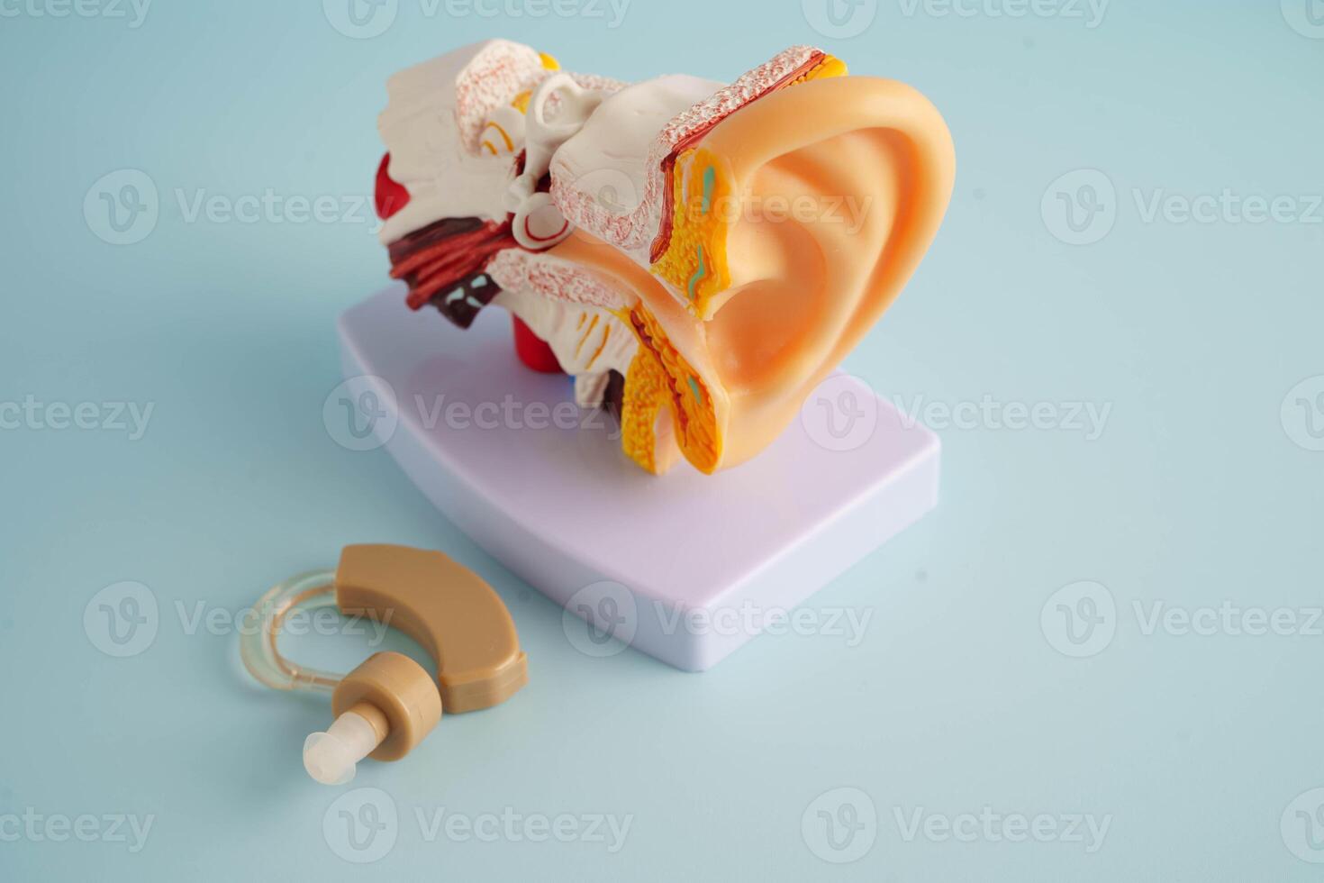 Otoscope with ear model for otolaryngologist or ENT physician doctor examining senior patient ear, hear photo