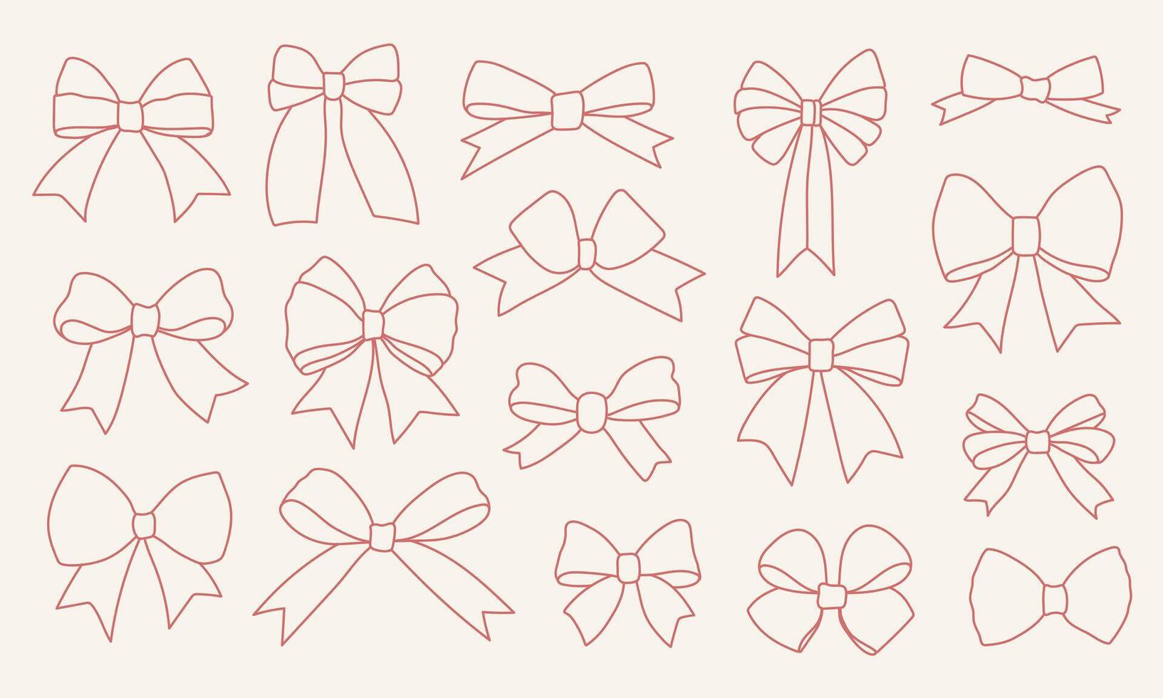 Set of elegant outline ribbon bow illustrations in minimal red line style on light background. Perfect for decoration, packaging, festive design, and craft projects. vector