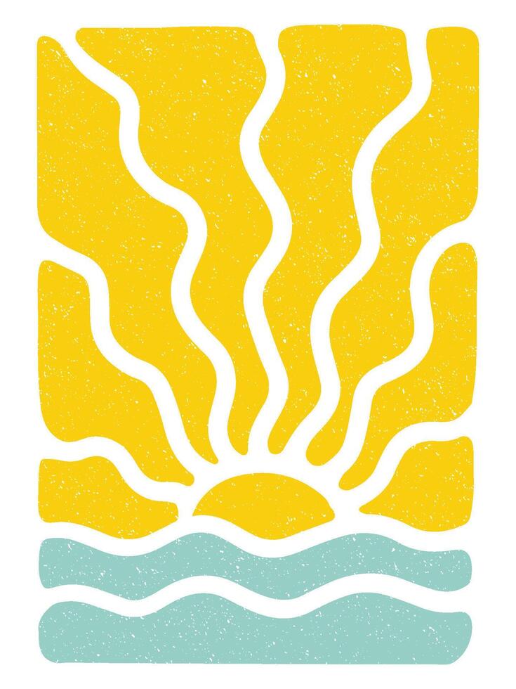 Vintage groovy abstract summer sea waves with wavy sun rays for surf beach print with retro rough texture for graphic tee t shirt or poster sticker. vector