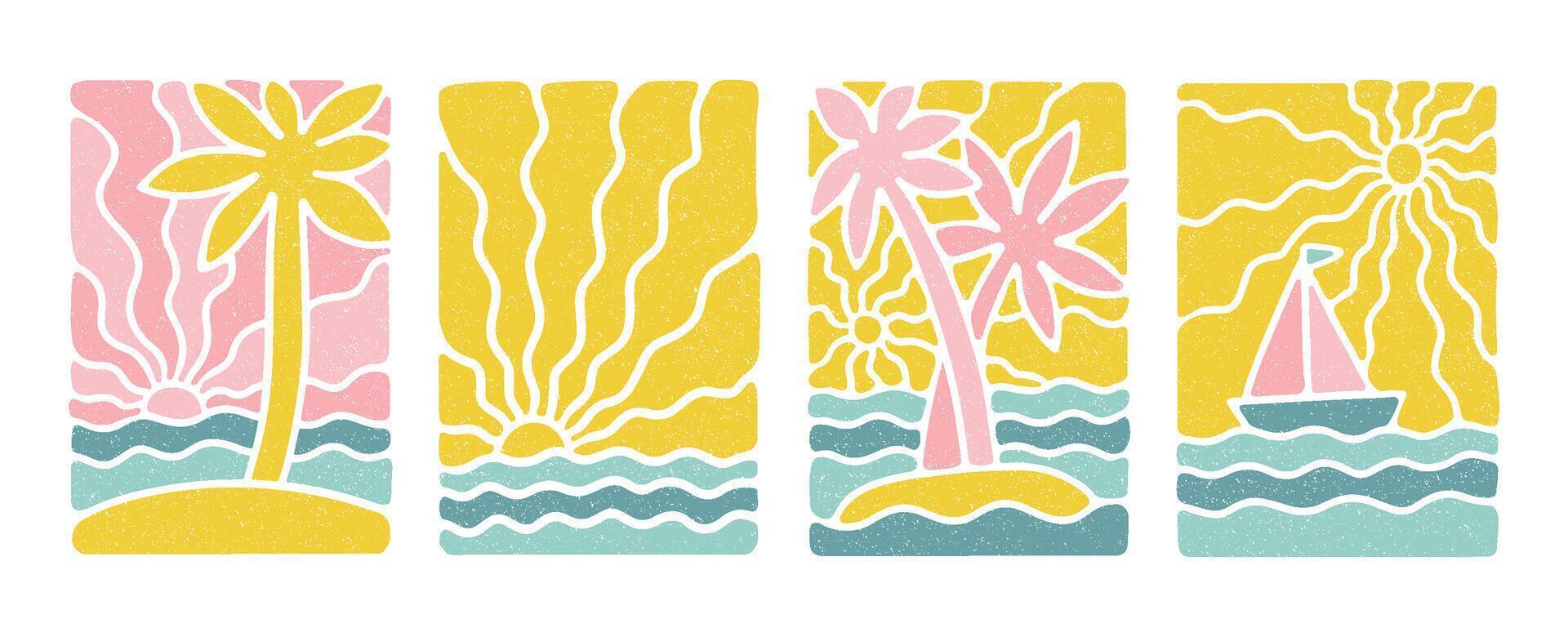 Vintage boho groovy palm tree beach sun sea covers set. Surf club vacation and sunny summer day aesthetic. flat illustration background in trendy retro naive simple style with grungy texture vector