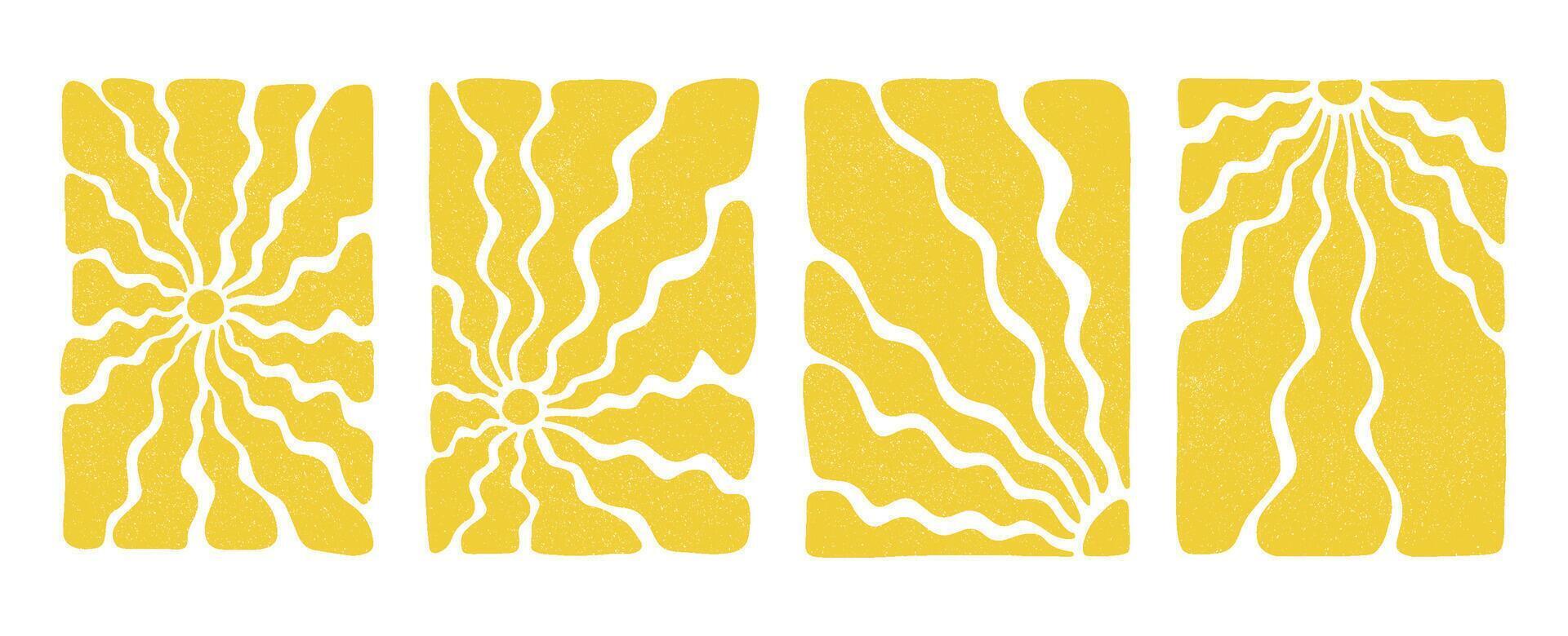 Rectangular retro groovy backgrounds set with bright sunburst in style 60s, 70s. Trendy colorful graphic print. flat illustration with grungy texture. vector