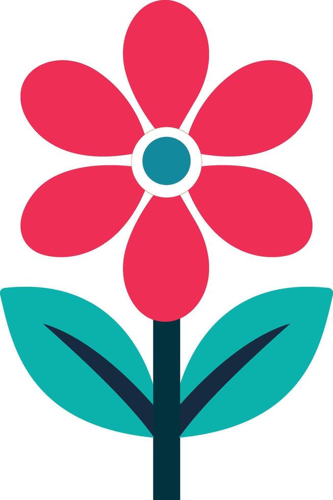 Simple Cartoon Red Flower with Teal Leaves vector