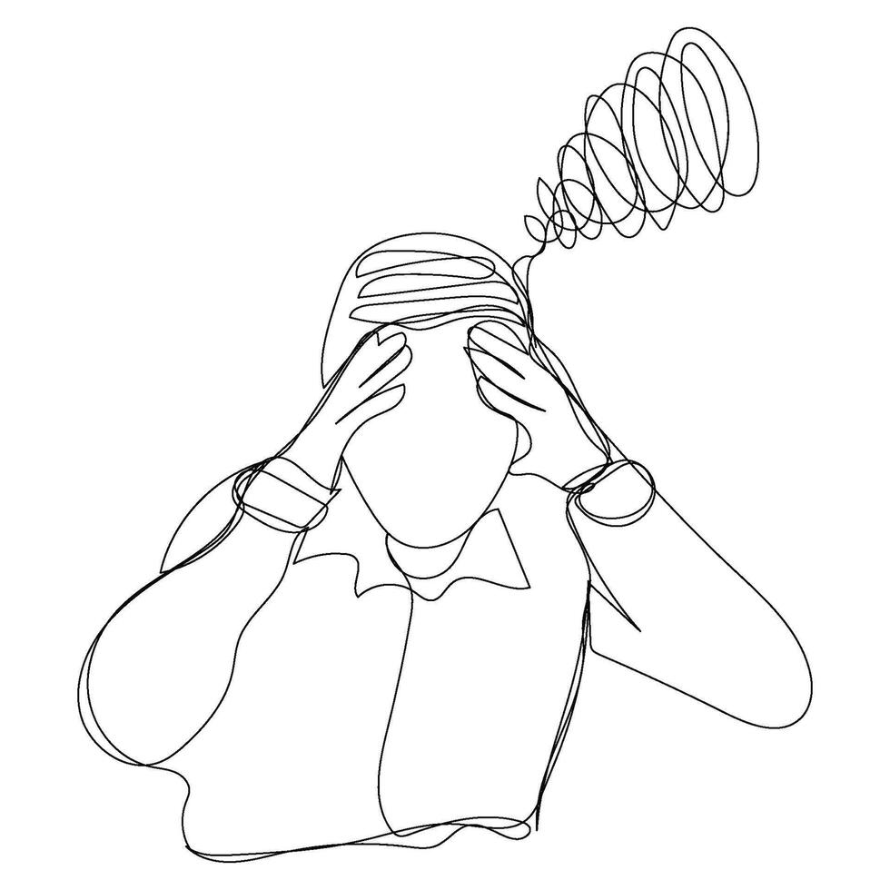 Line art concept of male headache stress man boy with minimal continuous decoration. vector