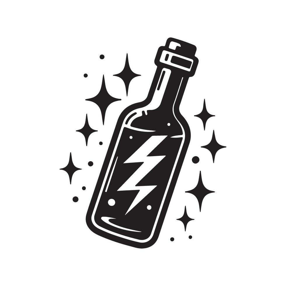 A bottle with lightning in it, with stars around it vector