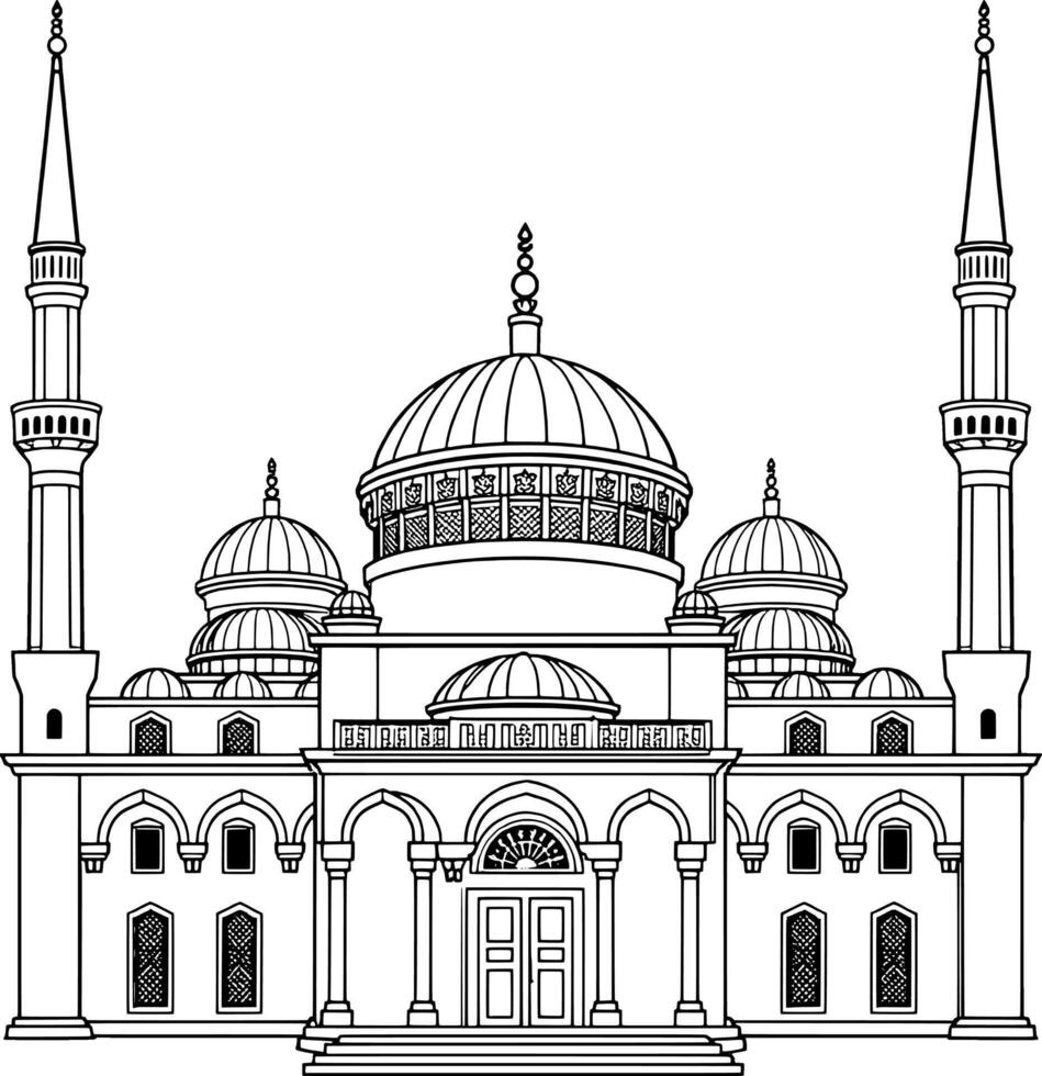 Architectural Line Drawing Of A Grand Mosque With Two Minarets vector