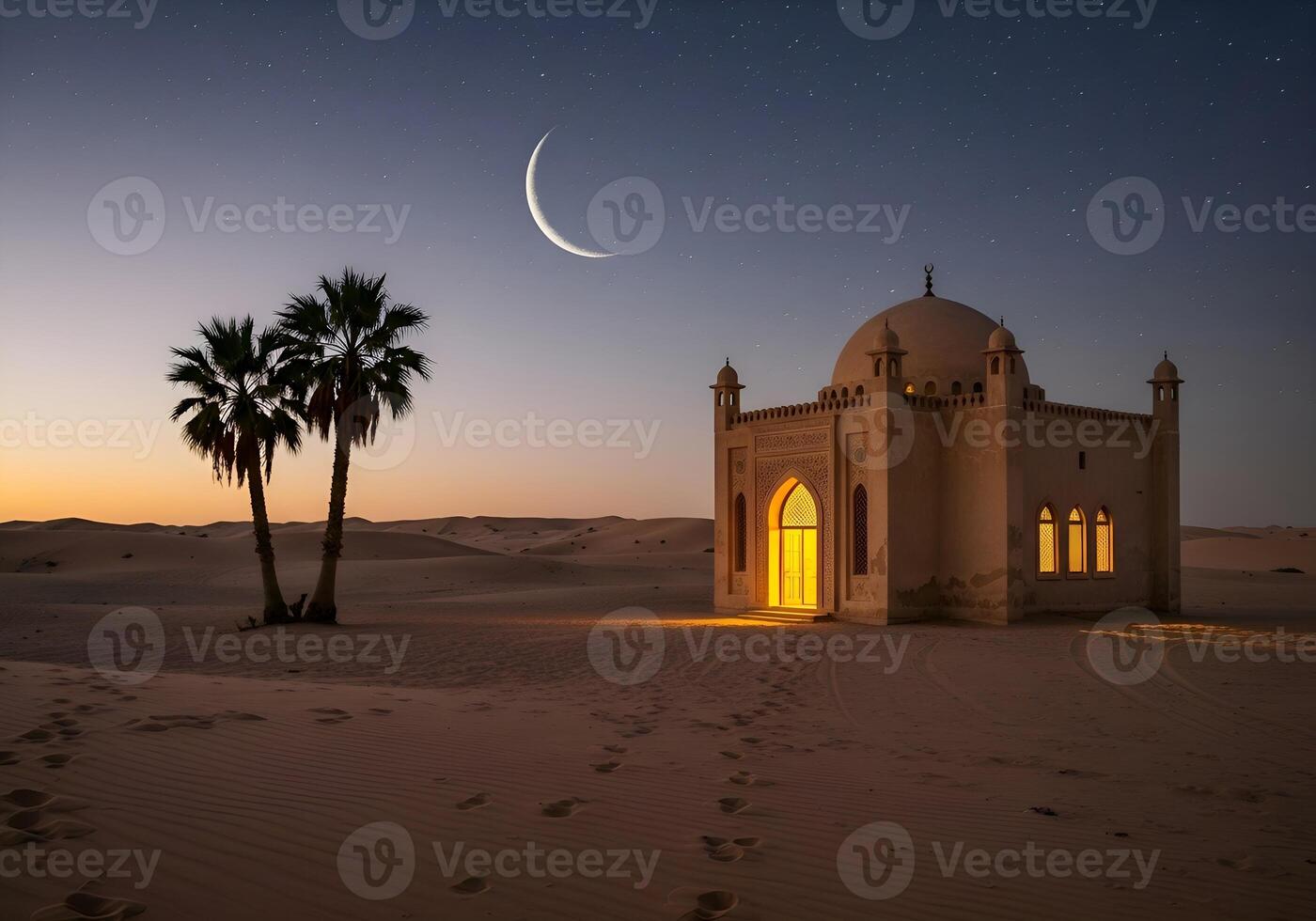 A peaceful desert scene, with mosque view at dusk and crescent in Holy Ramadan month 06 photo