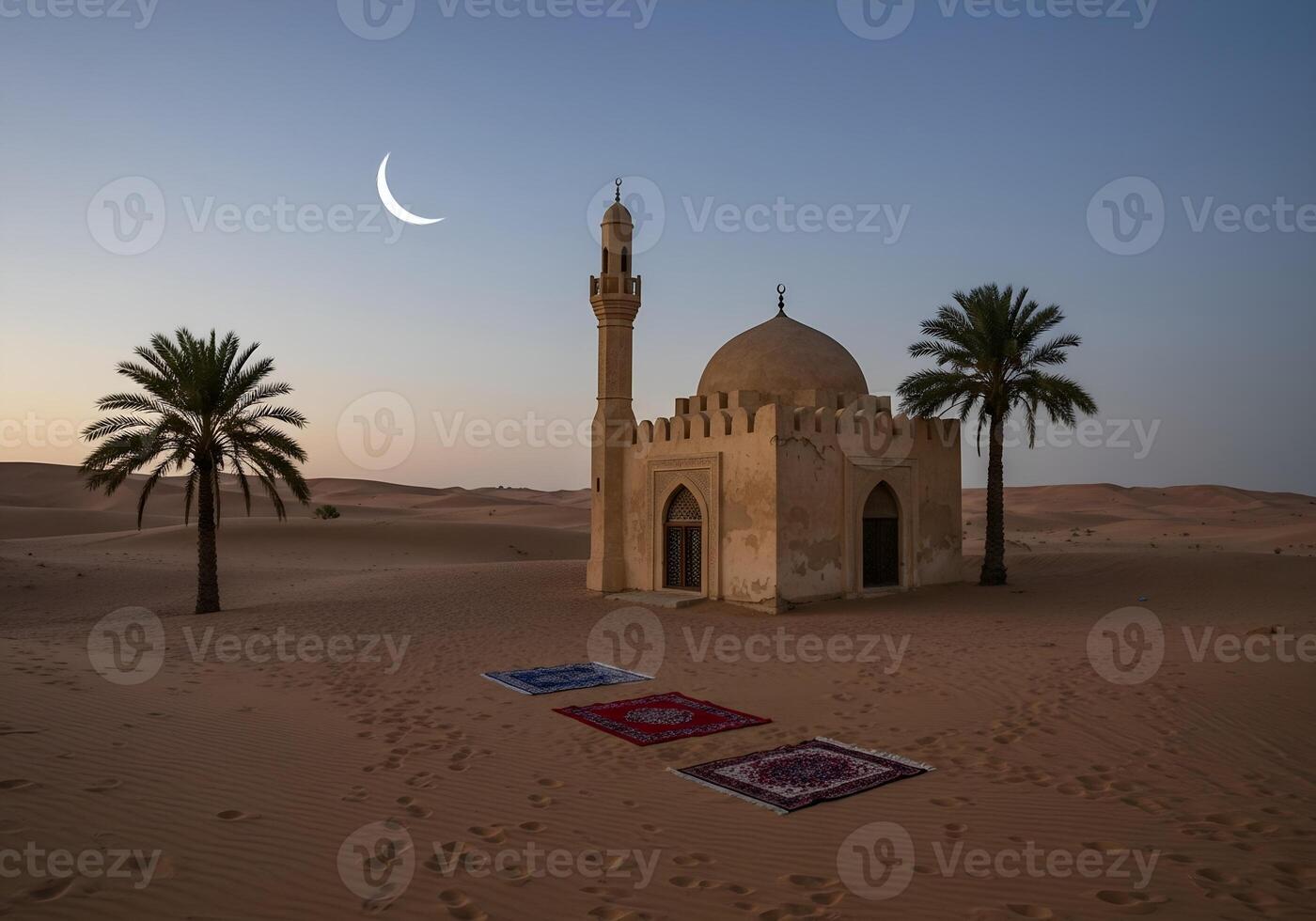 A peaceful desert scene, with mosque view at dusk and crescent in Holy Ramadan month photo
