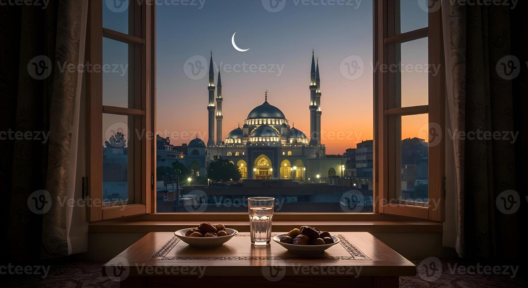 A peaceful iftar table, with mosque view at dusk and crescent in Holy Ramadan month 03 photo