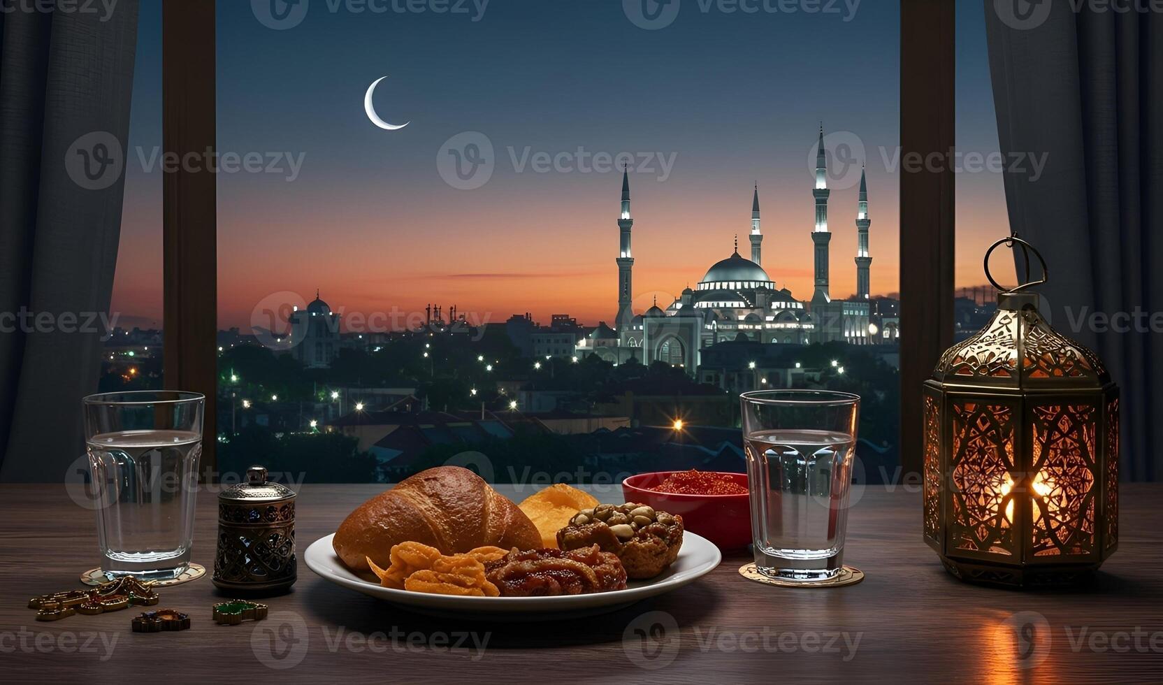 A peaceful iftar table, with mosque view at dusk and crescent in Holy Ramadan month 01 photo
