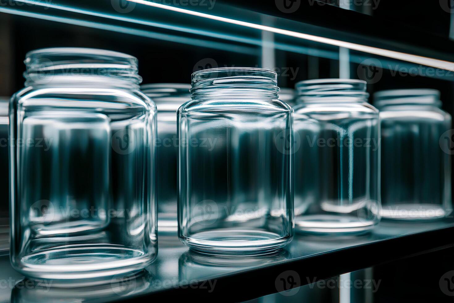 A clean and organized shelf in a laboratory with empty glass jars, showcasing a minimalist and scientific atmosphere photo