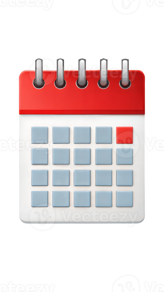 Calendar icon with red top and grey grid on a black background, time organization and planning tool. png