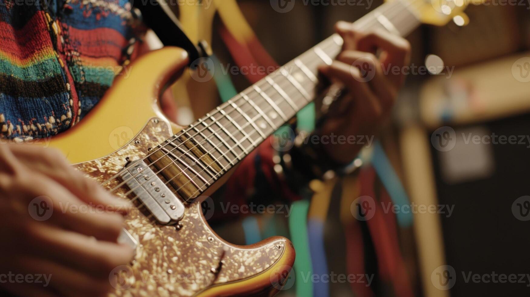A closeup of a guitarist passionately strumming chords with colorful cables and instrument cases softly blurred in the background capturing the essence of creativity and spontaneit photo