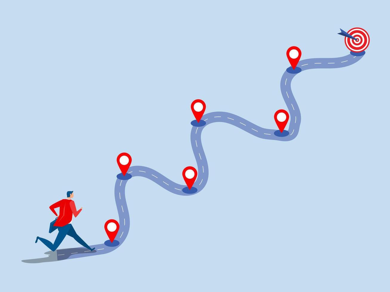 Roadmap journey step planning ,businessman running on milestone location pin on business roadmap.project milestone or business journey achievement, workflow or process timeline to success vector