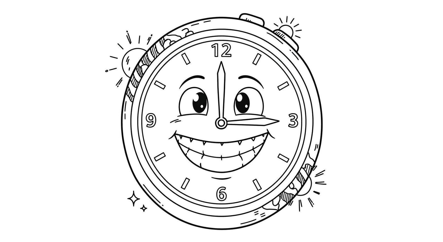 A Wall Clock With a Smiling Face Surrounded by Numbers and Hands Pointing to 900. Add Small Doodles vector