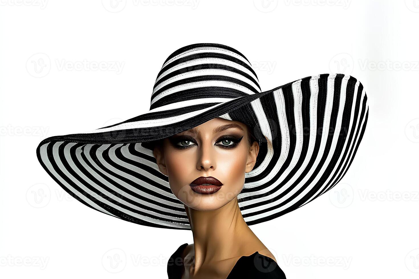 A stylish fashion portrait of a woman wearing a black and white striped hat, exuding elegance and confidence, with a chic and timeless appeal photo
