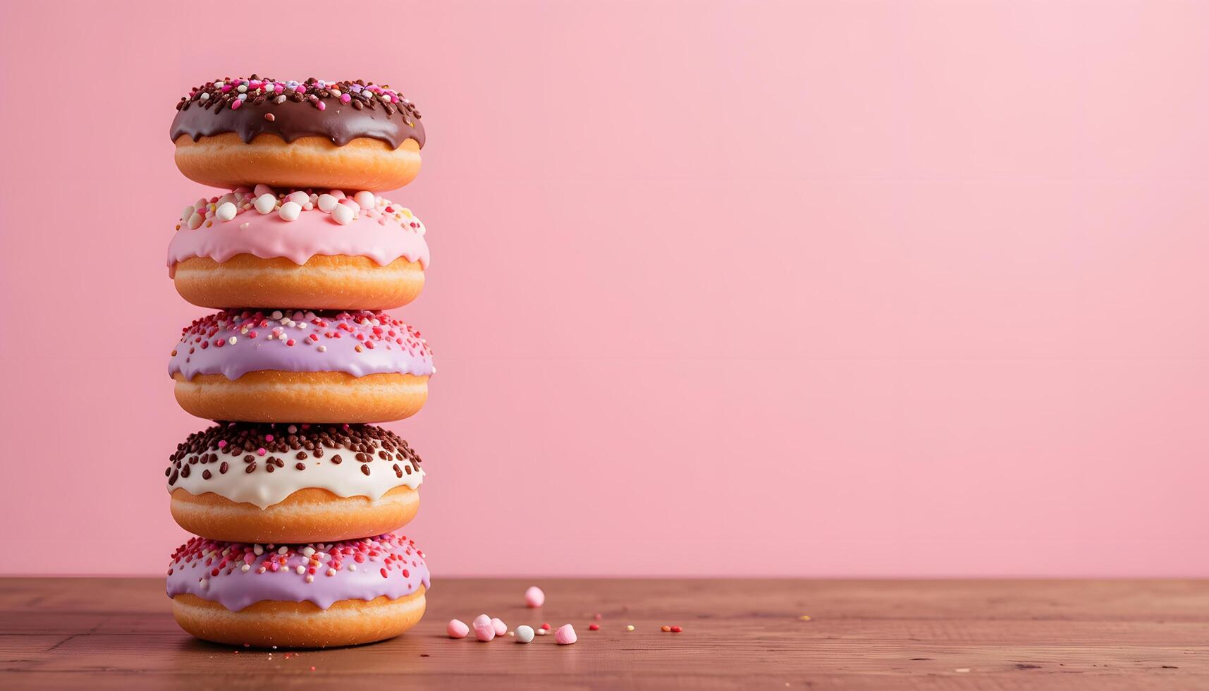 Eye-Catching Stack of Donuts with Assorted Toppings and Pink Background for Food Photography photo
