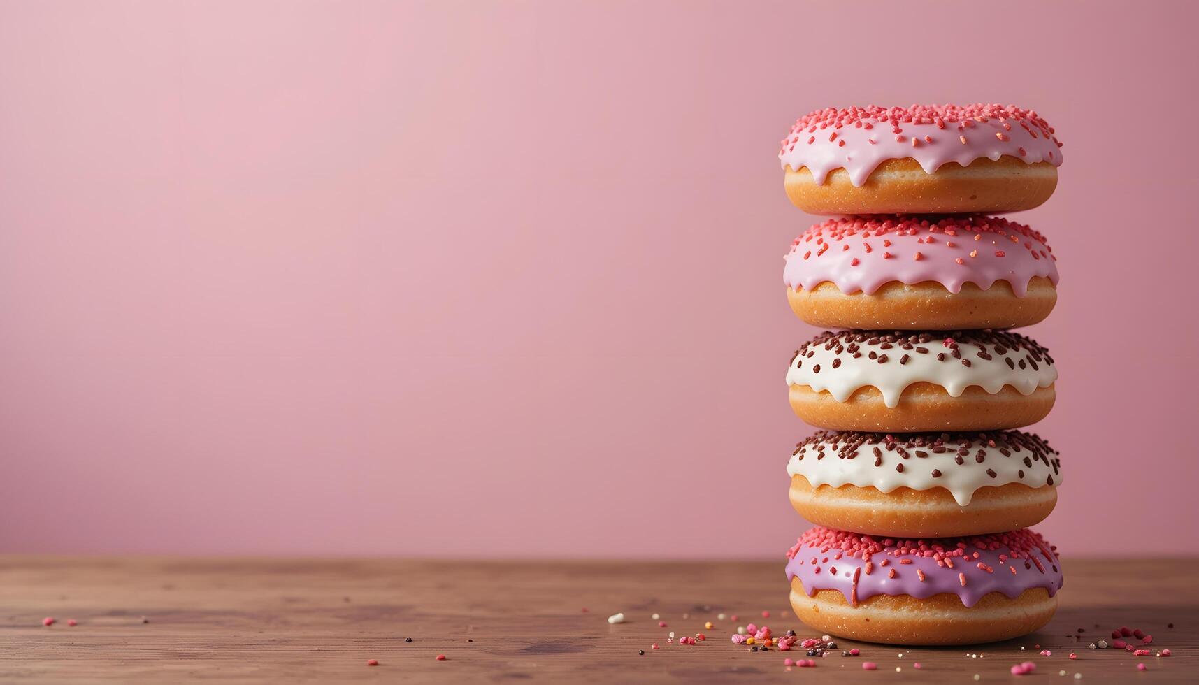 Stack of Colorful Donuts with Various Icing and Sprinkles on Wooden Surface Against Pink Background for Sweet Treat Display photo