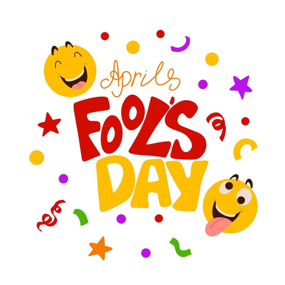 April Fool's Day doodle poster template. Illustration with hand writing lettering, laughting emoji. Party invitation. Flyer, poster, brochure, card vector