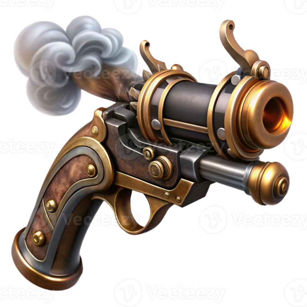 magnificent traditional magnificent classic A detailed illustration of a steampunk pistol, polished brass and dark wood, intricate engravings and gears, smoke curling from the barrel, lit by... png