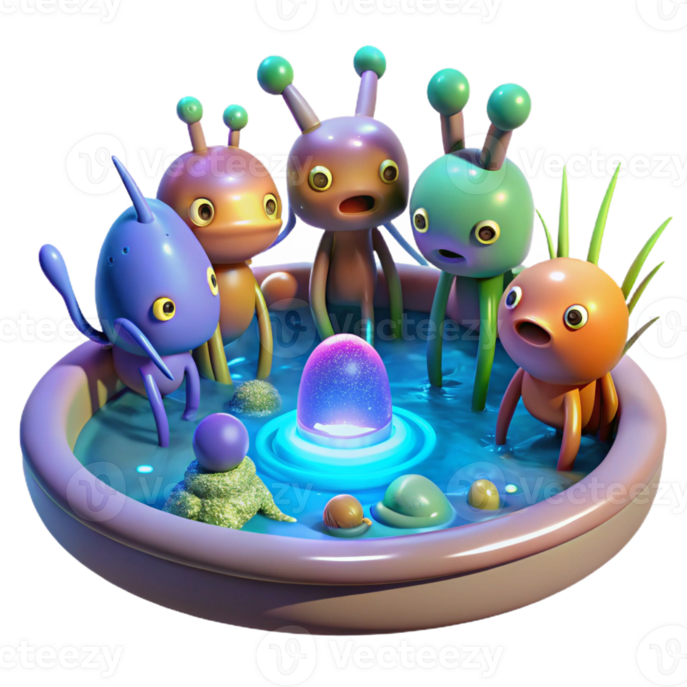 extraordinary creative stunning abstract A group of genetically modified creatures, each with unique and fantastical features, gather around a glowing pool of water on an alien planet.... png