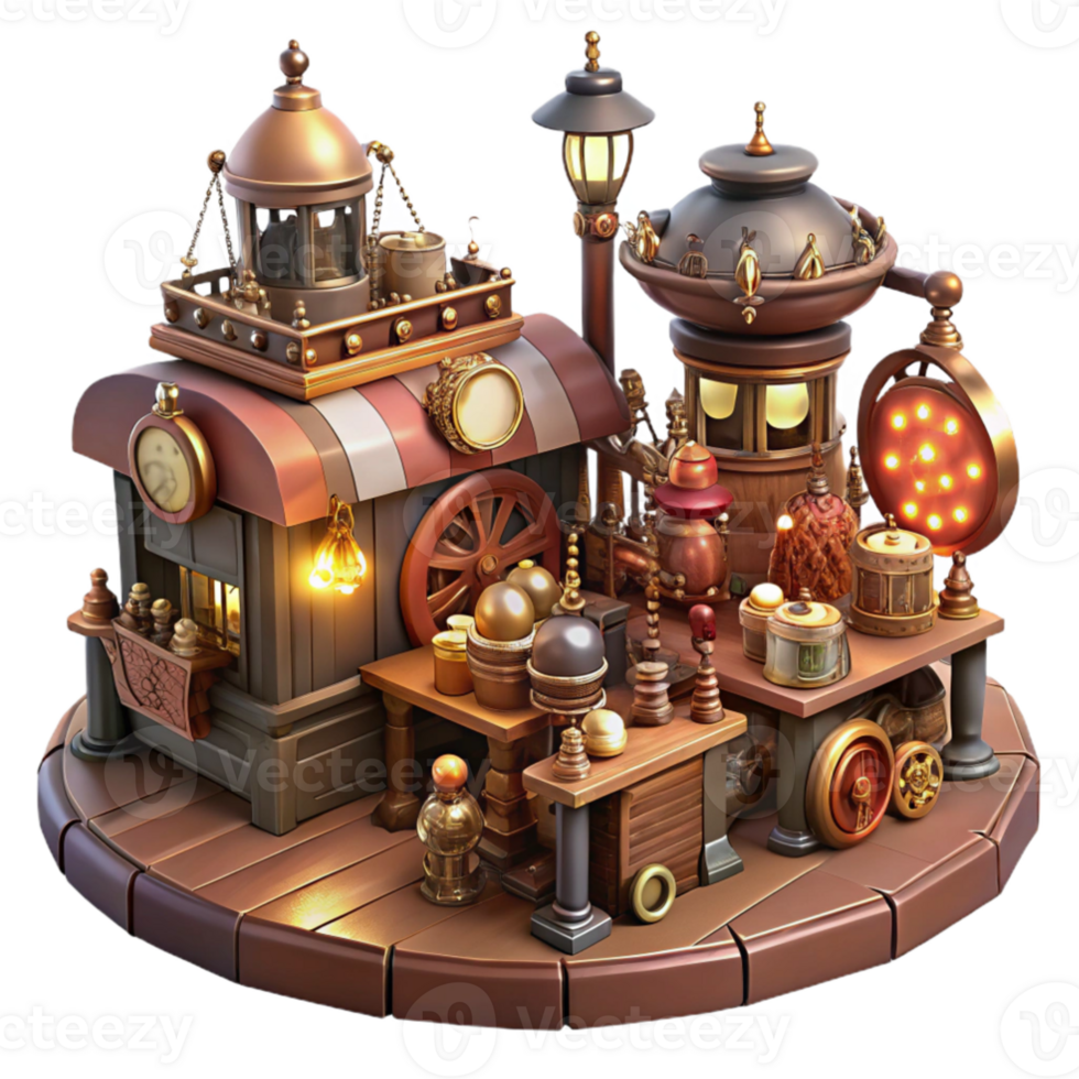 extraordinary creative elegant traditional A bustling steampunk marketplace, filled with intricate gadgets and contraptions, vendors in elaborate costumes, lit by warm, flickering gaslight high... png
