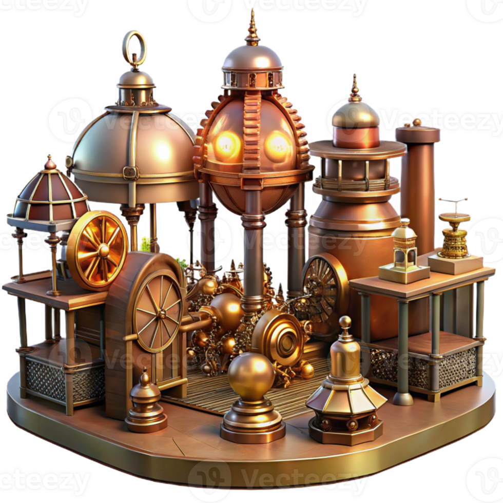 stunning modern impressive traditional A bustling steampunk marketplace filled with intricate automatons, brass and copper wares, cogs and gears, bathed in the warm glow of gas lamps, Art Nouveau... png
