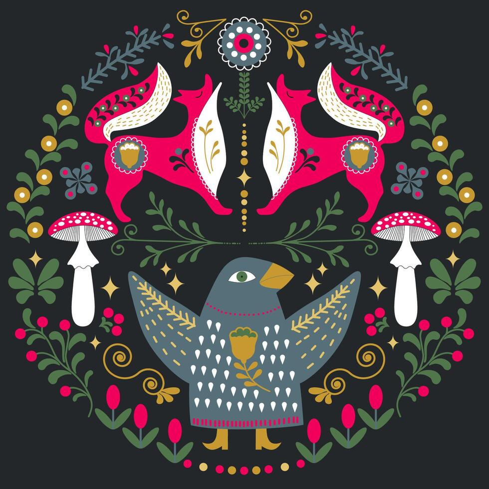 Scandinavian folk art with Crow and Foxes, illustration. Symmetrical ornament with different folk composions on black background vector