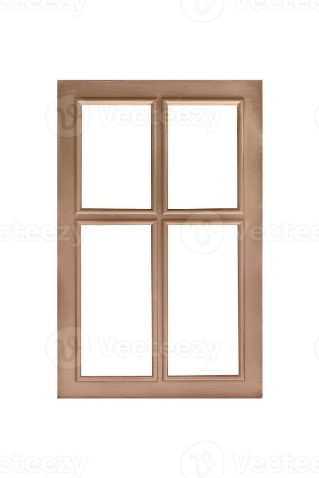 Wooden window wing divided into four sections, with two smaller panes on top and two larger ones below, isolated background and white glass for mockup photo
