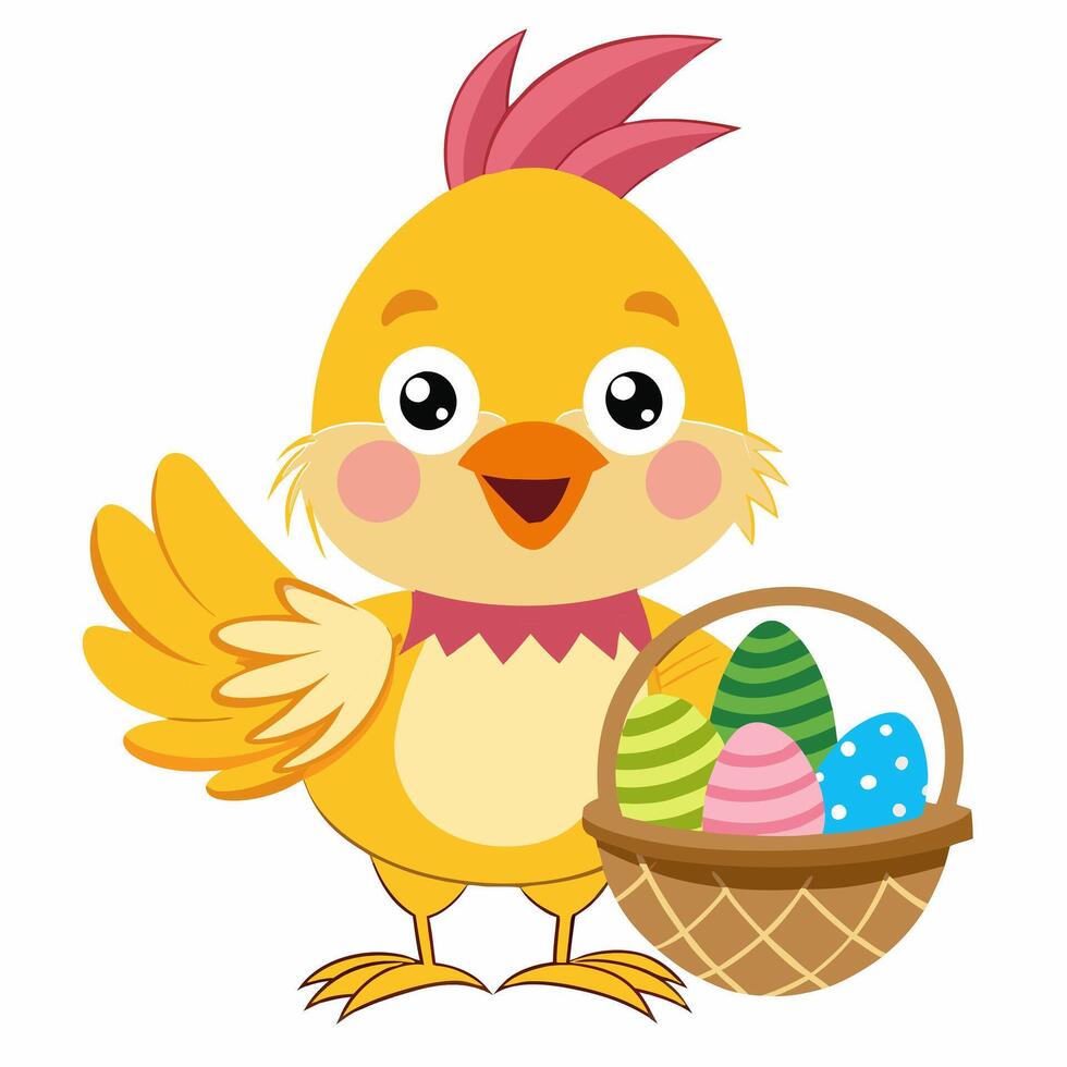 cartoon Easter chick with a basket of Easter eggs. Greeting card Happy Easter for decorative,banner, poster,card. Illustration on white background vector