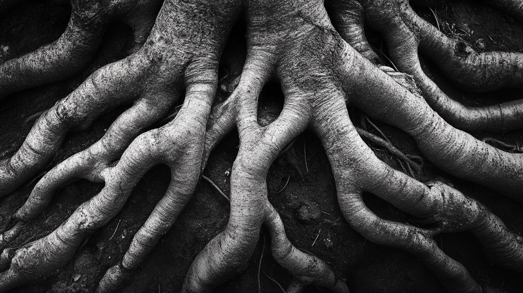 Abstract black and white closeup of large exposed tree roots creating interesting patterns and textures against a dark, earthy background. photo
