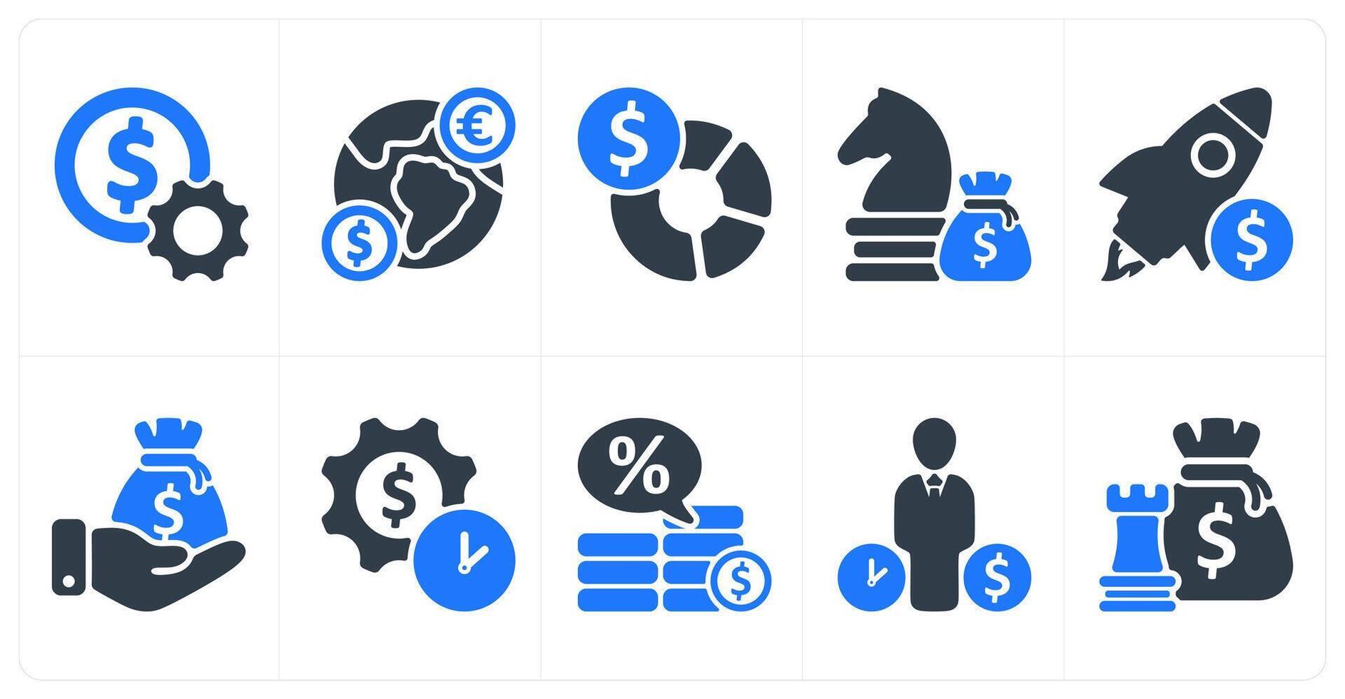 Set of 10 business icons as money setting, global currency, budget planning vector