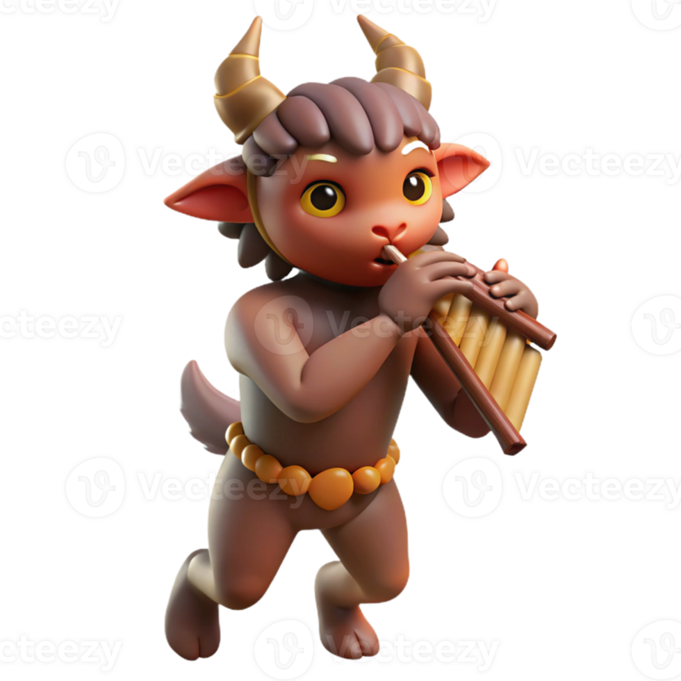 dramatic minimalist serene vintage A mischievous satyr playing a pan flute in a sun-dappled forest glade, his fur a rich brown, his hooves kicking up dust motes.... png