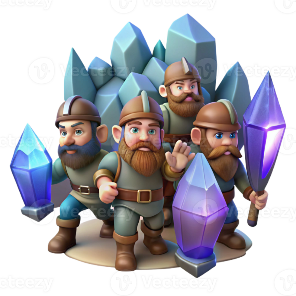 magnificent creative elegant minimalist A group of adventurous dwarves, clad in leather and steel, exploring a crystal cave illuminated by glowing geodes.... png