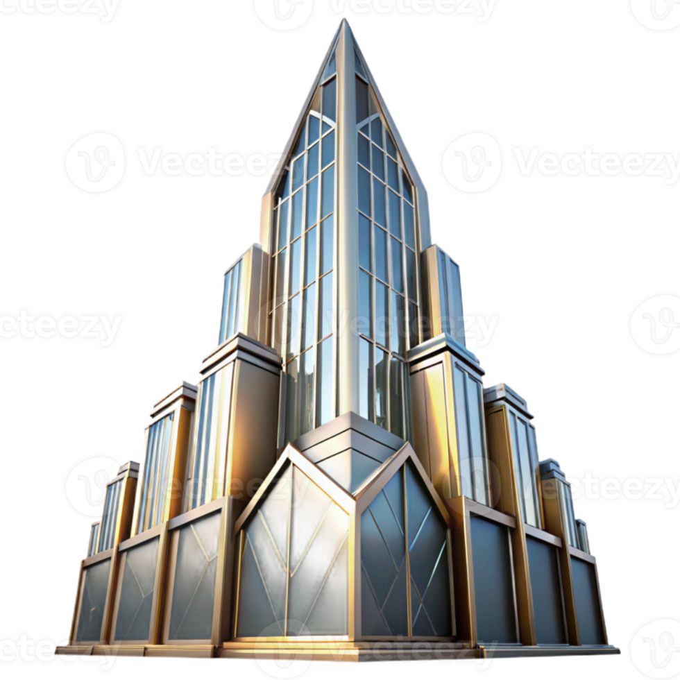 magnificent creative stunning traditional Art Deco skyscraper, chrome and glass, sharp angles, sunlight reflecting off the facade, highly polished surfaces, stylized geometric patterns, volumetric... png