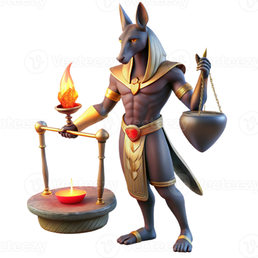 beautiful creative impressive contemporary Anubis weighing a human heart against a feather in the Duat, ancient Egyptian murals style, dim torchlight, eerie atmosphere detailed high resolution png