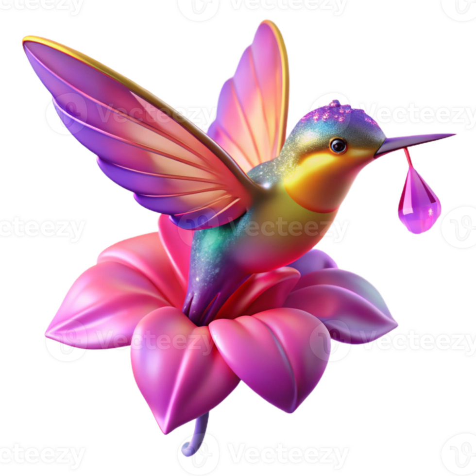 vibrant contemporary A tiny, iridescent hummingbird hovering over a vibrant fuchsia flower, droplets of dew clinging to its delicate feathers, in a macro photography style, lit by a warm, golden... png