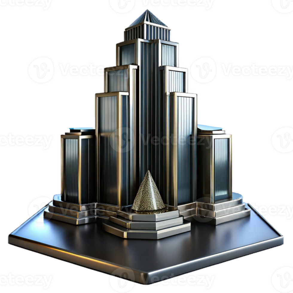 wonderful creative Art Deco skyscraper, chrome and black glass, dramatic uplighting, volumetric lighting, highly polished surfaces, intricate geometric patterns, raining, reflections on wet... png