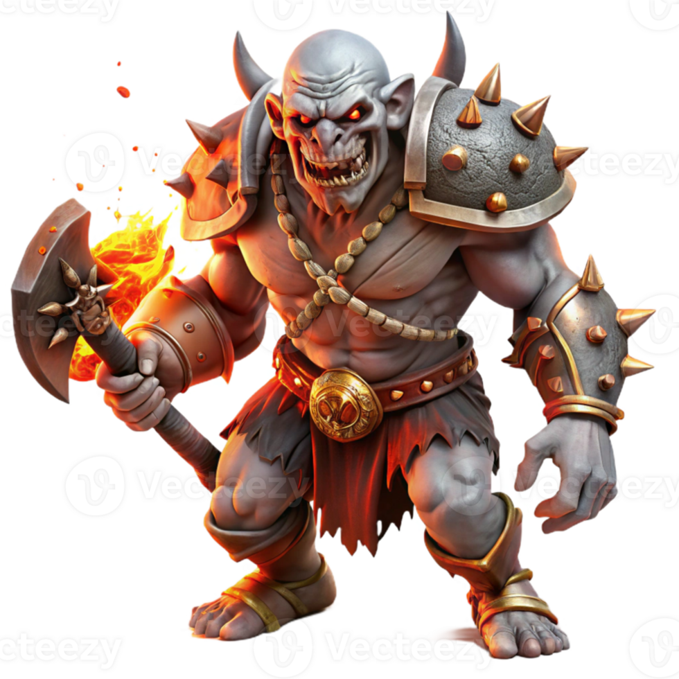 extraordinary traditional elegant vintage A fierce orc chieftain, adorned with warpaint and skulls, wielding a flaming battleaxe, amidst a storm of swirling embers.... png