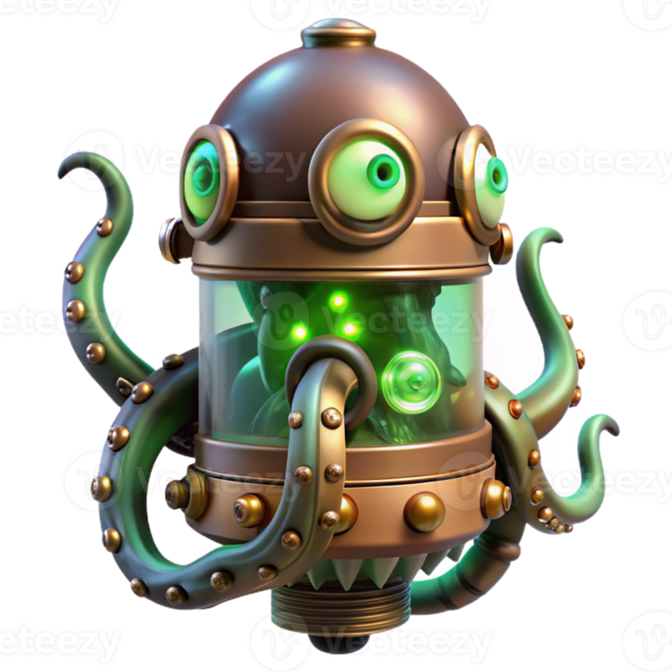 stunning artistic elegant rustic A steampunk octopus, brass and copper tentacles, glowing green eyes, submerged in a tank filled with bubbling, luminous fluid, bioluminescent lighting, surreal... png