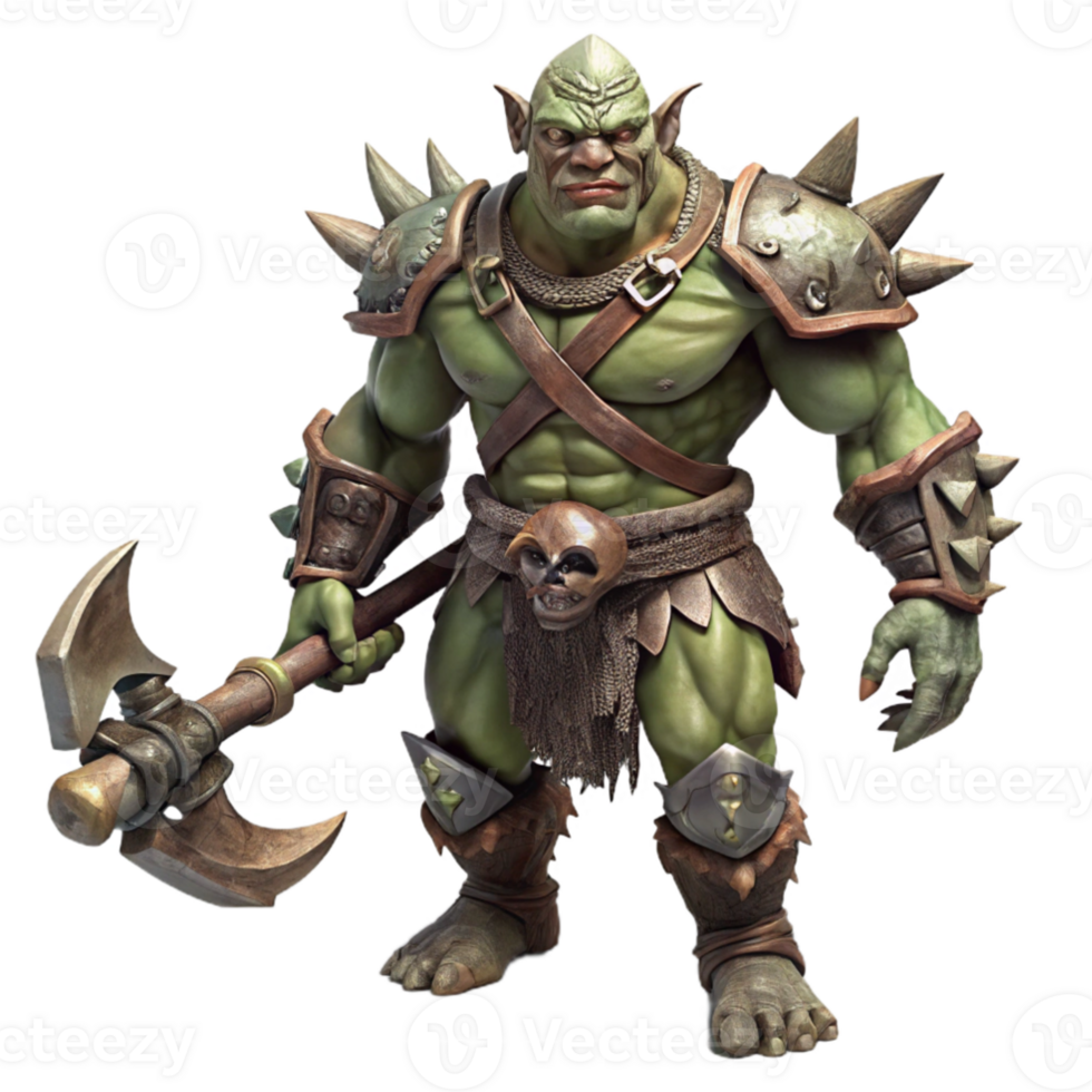 stunning creative A fierce orc chieftain wearing elaborate tribal tattoos and wielding a massive battle axe, standing amidst a battlefield strewn with the bodies of his enemies.... png